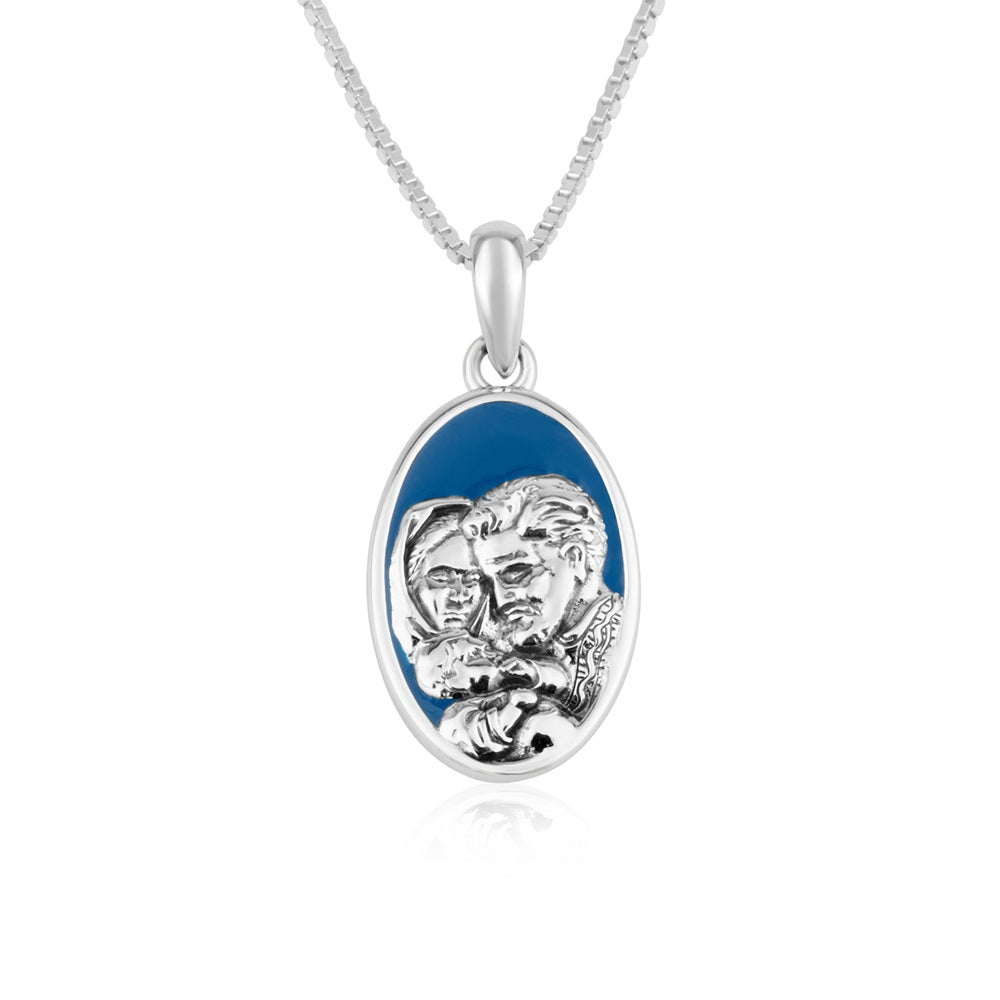 Holy Family Pendant Necklace in 925 Sterling Silver, Blue Enamel