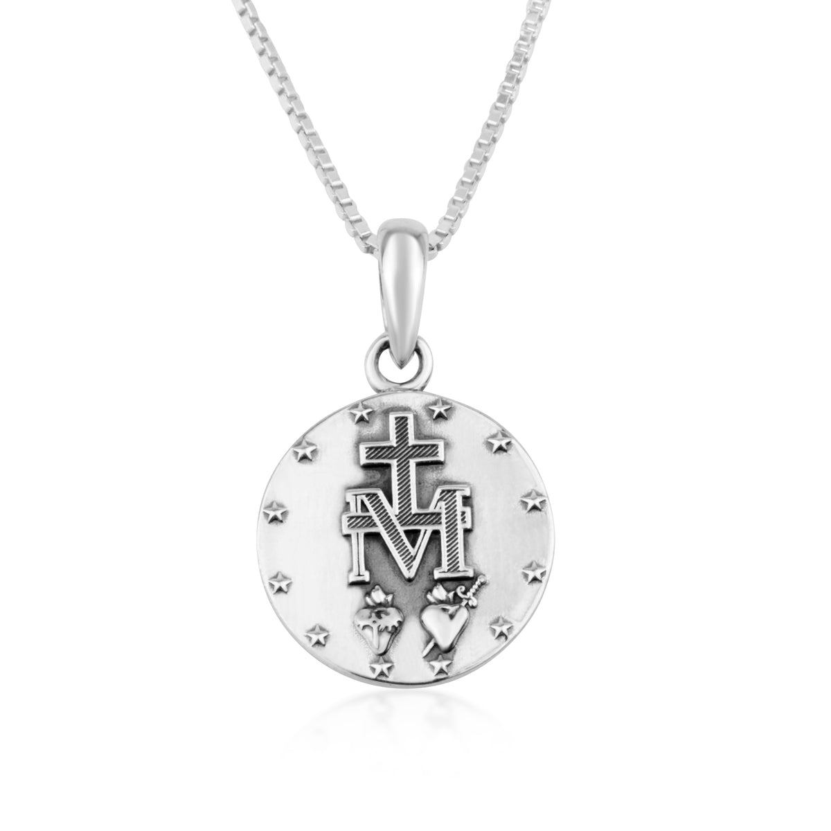 Miraculous Medal Pendant Necklace, Round Blue Enamel, 925 Sterling Silver – back view