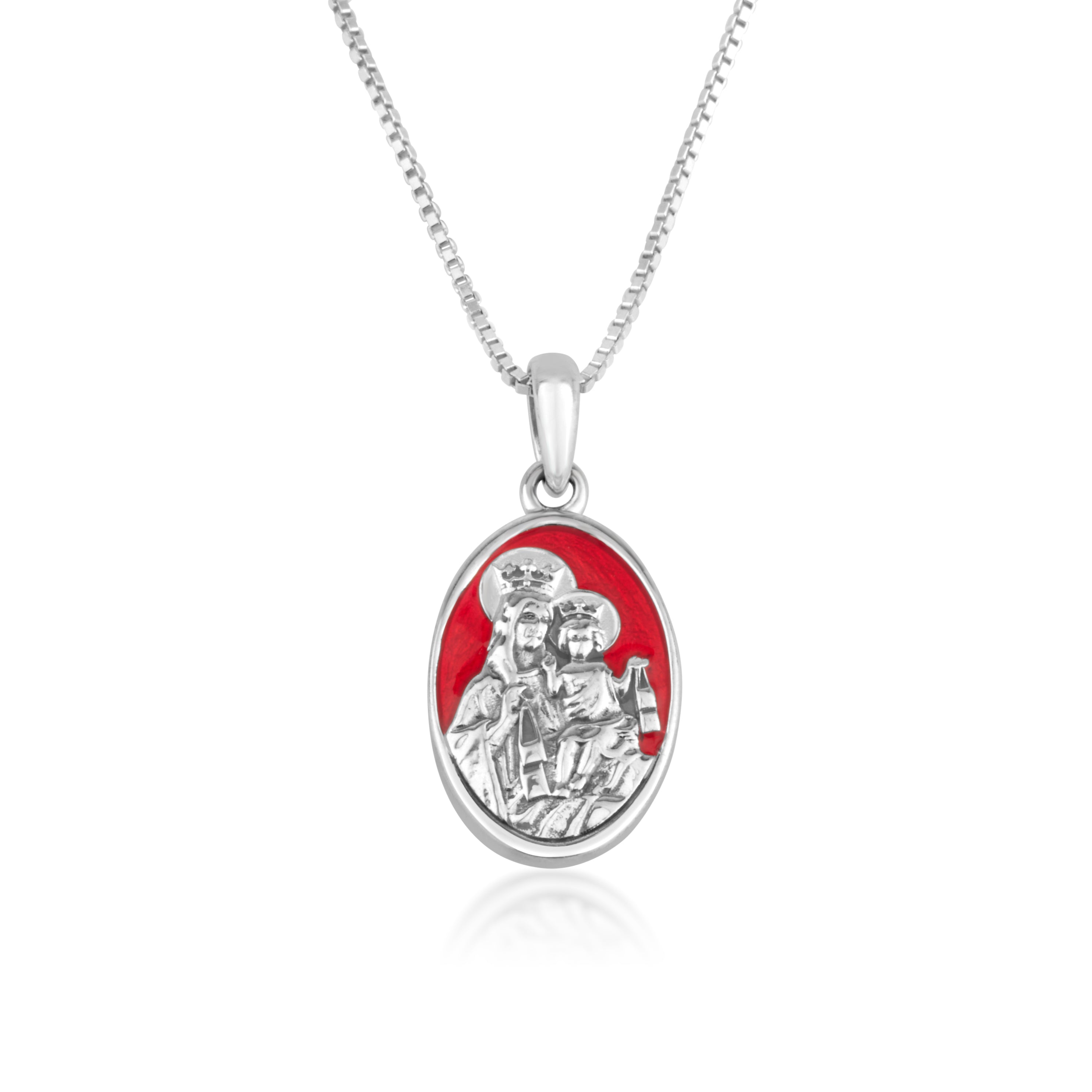 Our Lady of Mount Carmel Pendant Necklace in 925 Sterling Silver, Red Enamel
