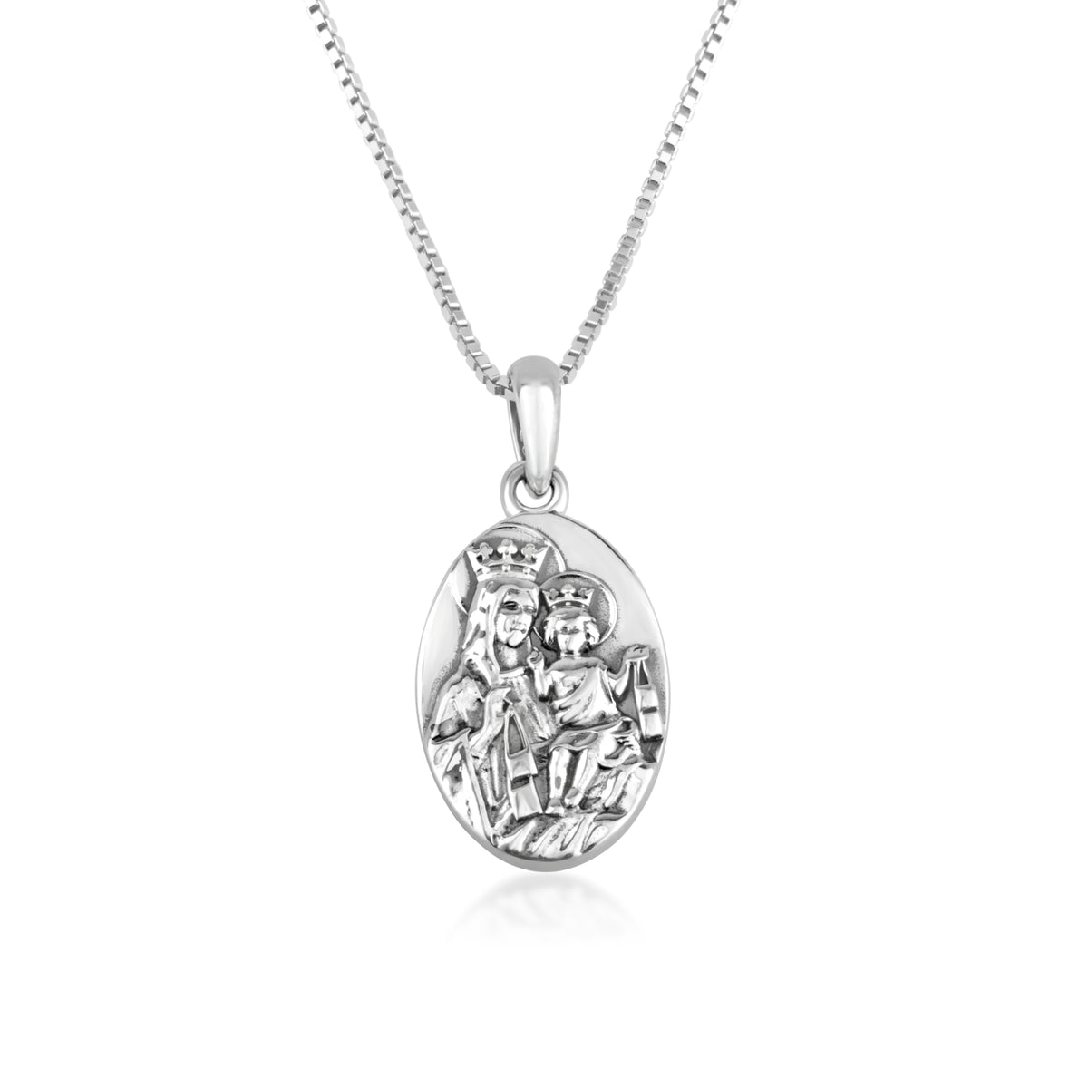 Our Lady of Mount Carmel Pendant Necklace in 925 Sterling Silver, Red Enamel – back view