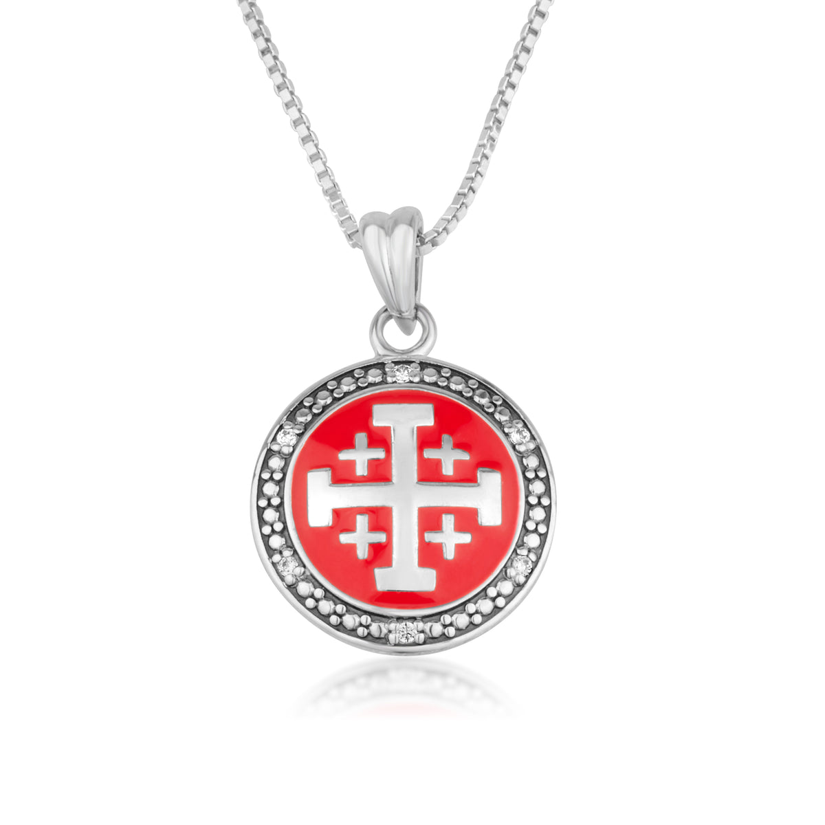 Jerusalem Cross Red Enamel Pendant Necklace in 925 Sterling Silver