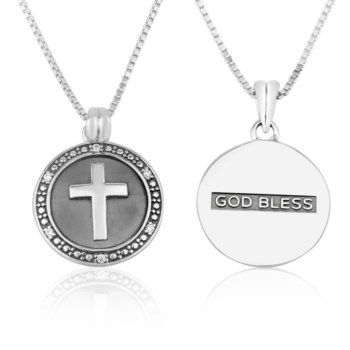 Cross God Bless coin pendant necklace in oxidized 925 sterling silver by Marina Jewelry
