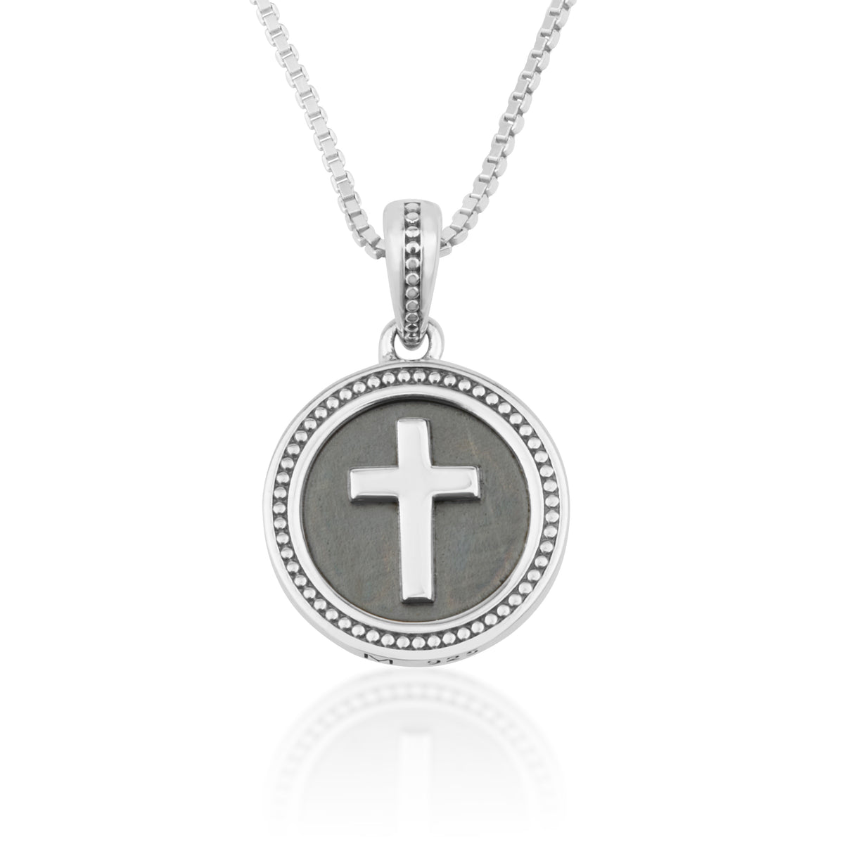 Cross “God Bless” Coin Pendant Necklace in 925 Sterling Silver, Oxidized