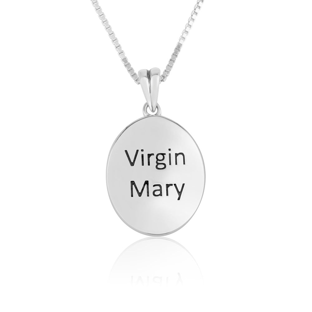 Virgin Mary Profile Pendant Necklace in 925 Sterling Silver, Oxidized – back view