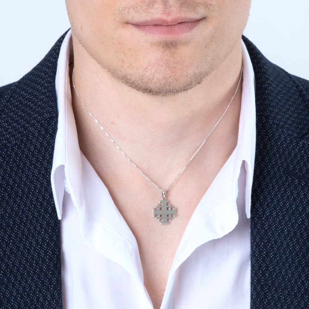 Jerusalem Cross Pendant Necklace, Jerusalem Engraved Back, 925 Sterling Silver – shown worn, close-up