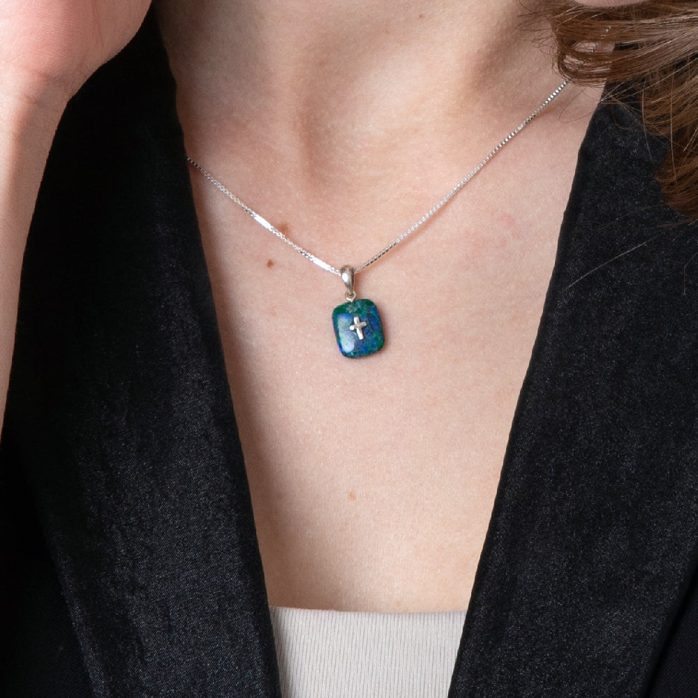 Roman Cross Pendant Necklace in 925 Sterling Silver with Eilat Stone – shown worn, close-up
