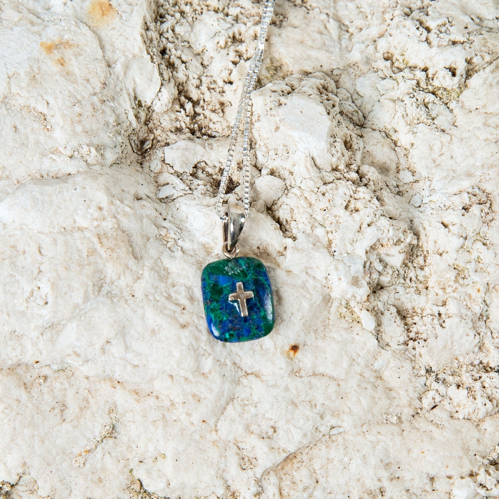 Roman Cross Pendant Necklace in 925 Sterling Silver with Eilat Stone – flat lay