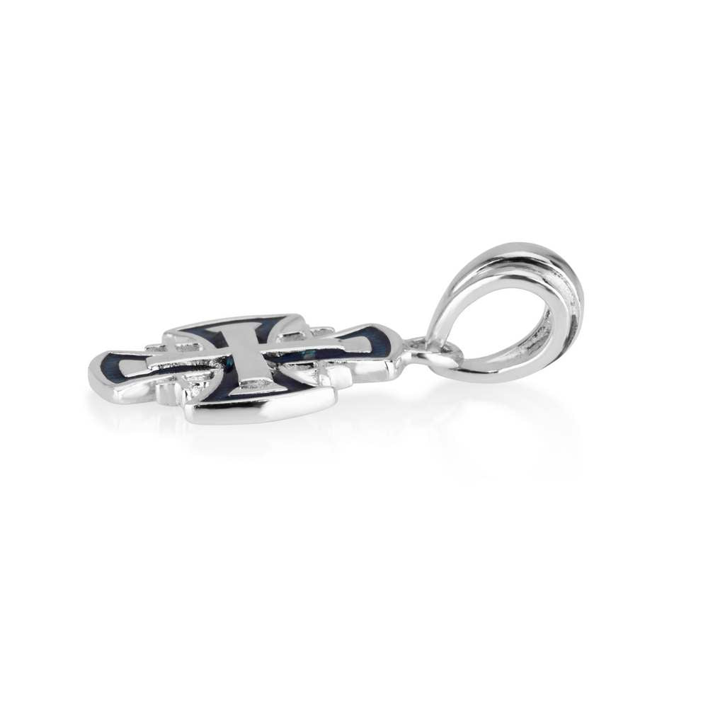 Jerusalem Cross Pendant Necklace in 925 Sterling Silver, Blue Enamel – side view