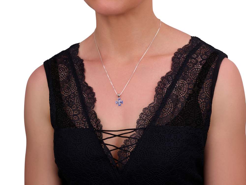 Jerusalem Cross Pendant Necklace in 925 Sterling Silver, Blue Enamel – shown worn