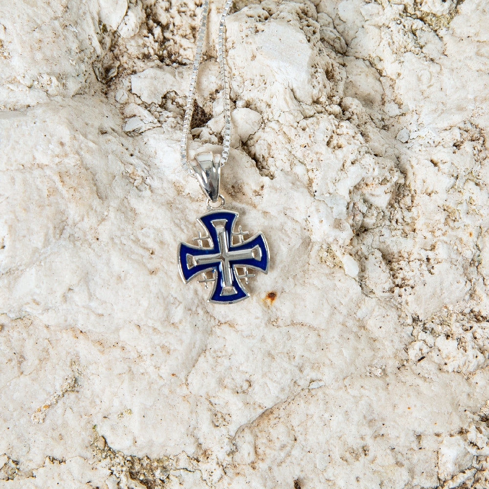Jerusalem Cross Pendant Necklace in 925 Sterling Silver, Blue Enamel – flat lay