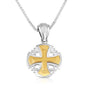 Two-Tone Jerusalem Cross Pendant Necklace, Rounded Flared Shape, 925 Sterling Silver