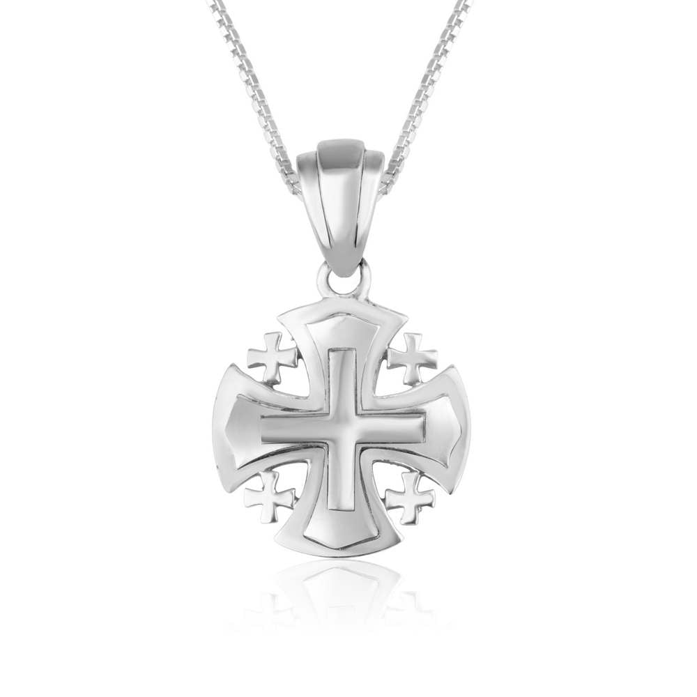 Jerusalem Cross Pendant Necklace, Rounded Flared Shape, 925 Sterling Silver