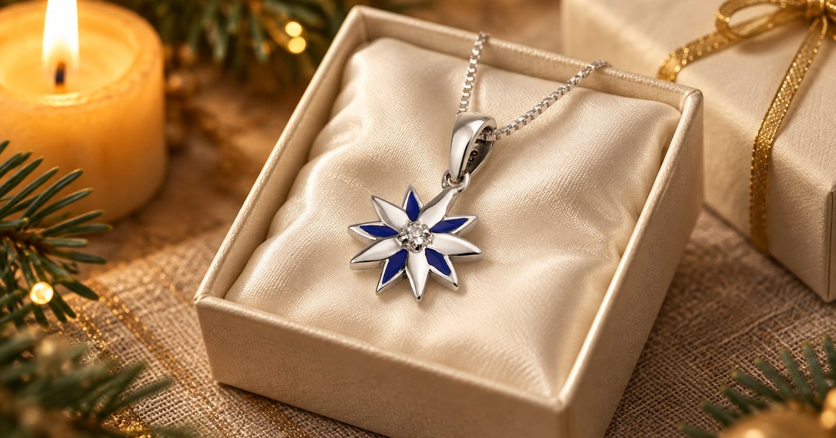 Star of Bethlehem pendant with blue enamel and cubic zirconia in a Christmas gift box