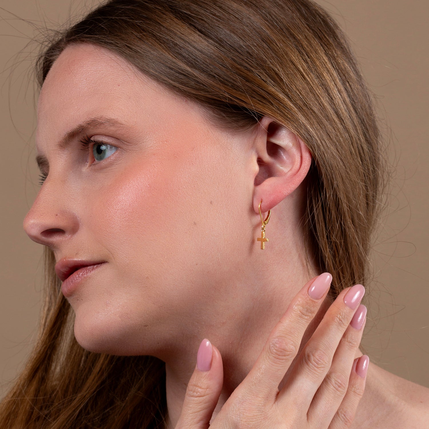 Cross Drop Earrings in 925 Sterling Silver, Gold-Plated – shown worn