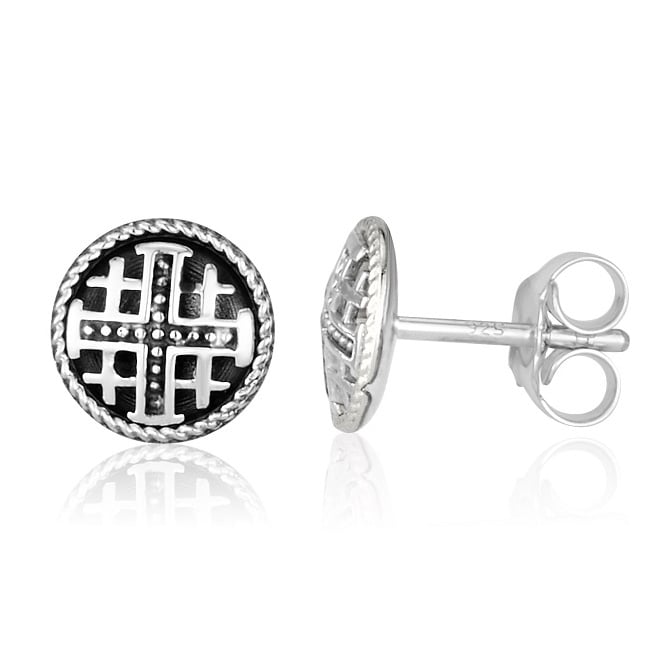 Oxidized Jerusalem Cross Round Stud Earrings in 925 Sterling Silver by Marina Jewelry