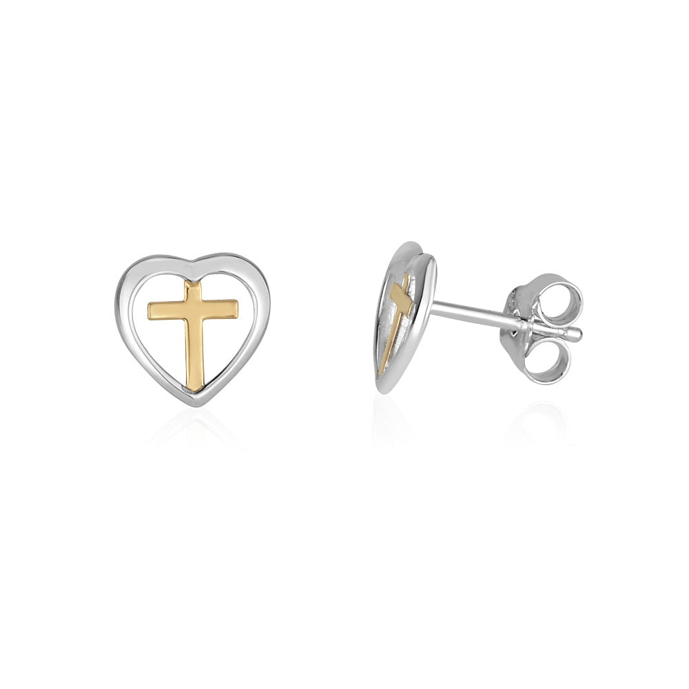 Two-tone heart and gold cross stud earrings in 925 sterling silver by Marina Jewelry