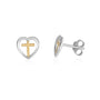 Two-tone heart and gold cross stud earrings in 925 sterling silver by Marina Jewelry