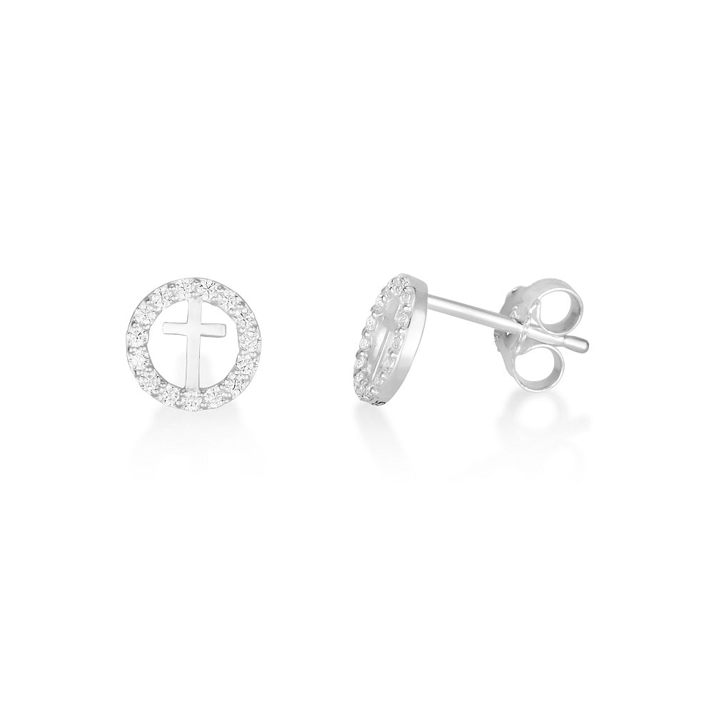 Halo cross stud earrings with cubic zirconia in 925 sterling silver by Marina Jewelry