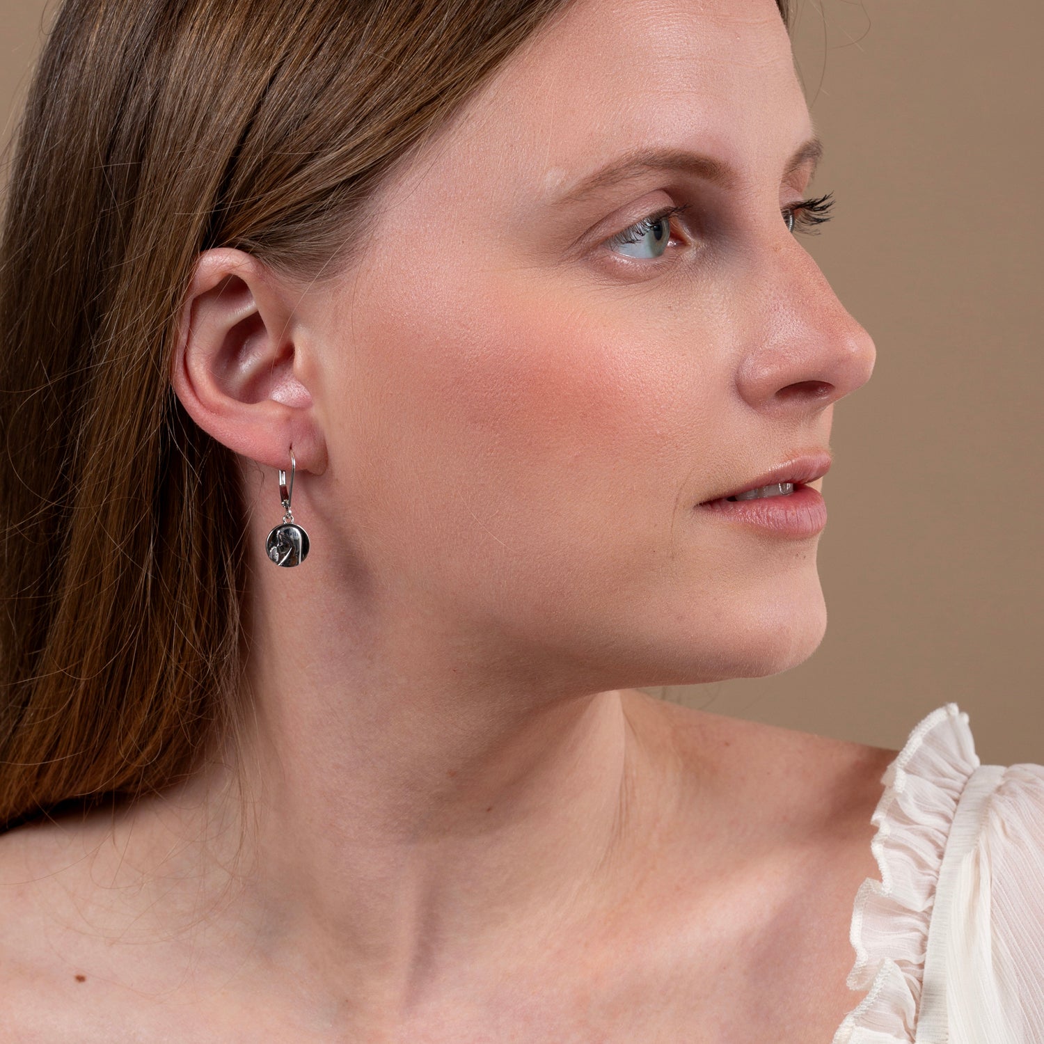 Our Lady of Grace Medal Drop Earrings in 925 Sterling Silver – shown worn