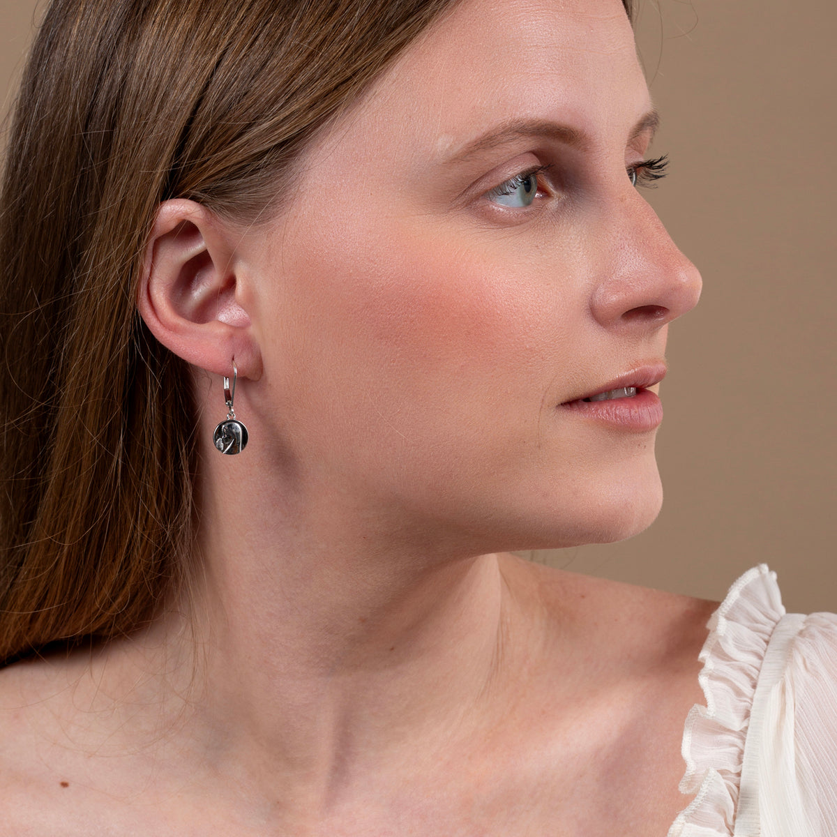 Our Lady of Grace Medal Drop Earrings in 925 Sterling Silver – shown worn