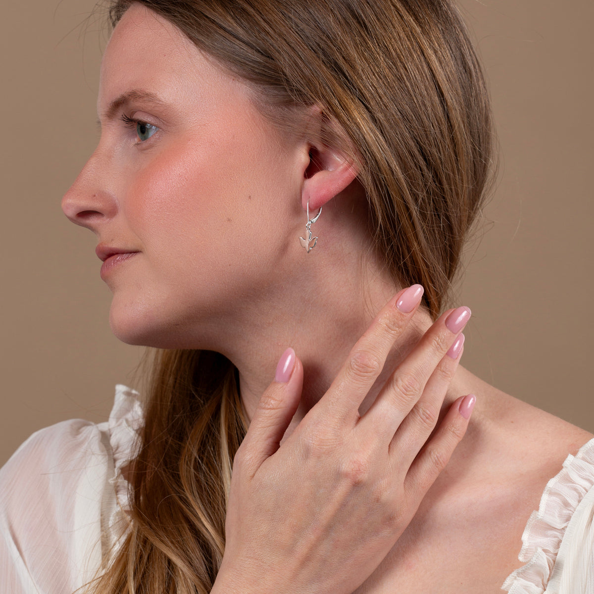 Dove Drop Earrings in 925 Sterling Silver – shown worn