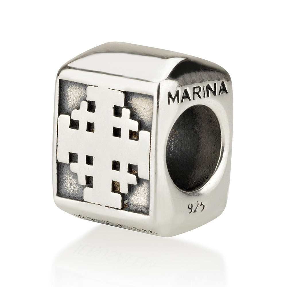 Square sterling silver bead charm with raised Jerusalem Cross by Marina Jewelry