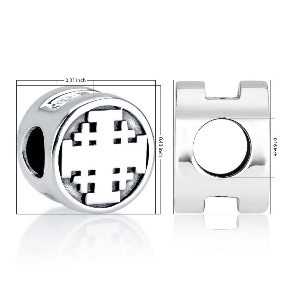 Jerusalem Cross Round Bead Charm in 925 Sterling Silver, view 5 by Marina Jewelry