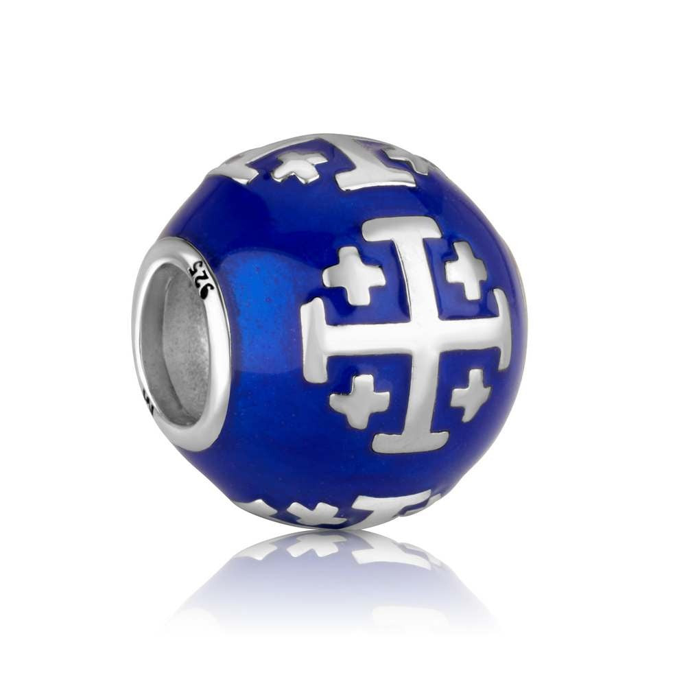 Blue enamel round bead charm with silver Jerusalem Crosses by Marina Jewelry