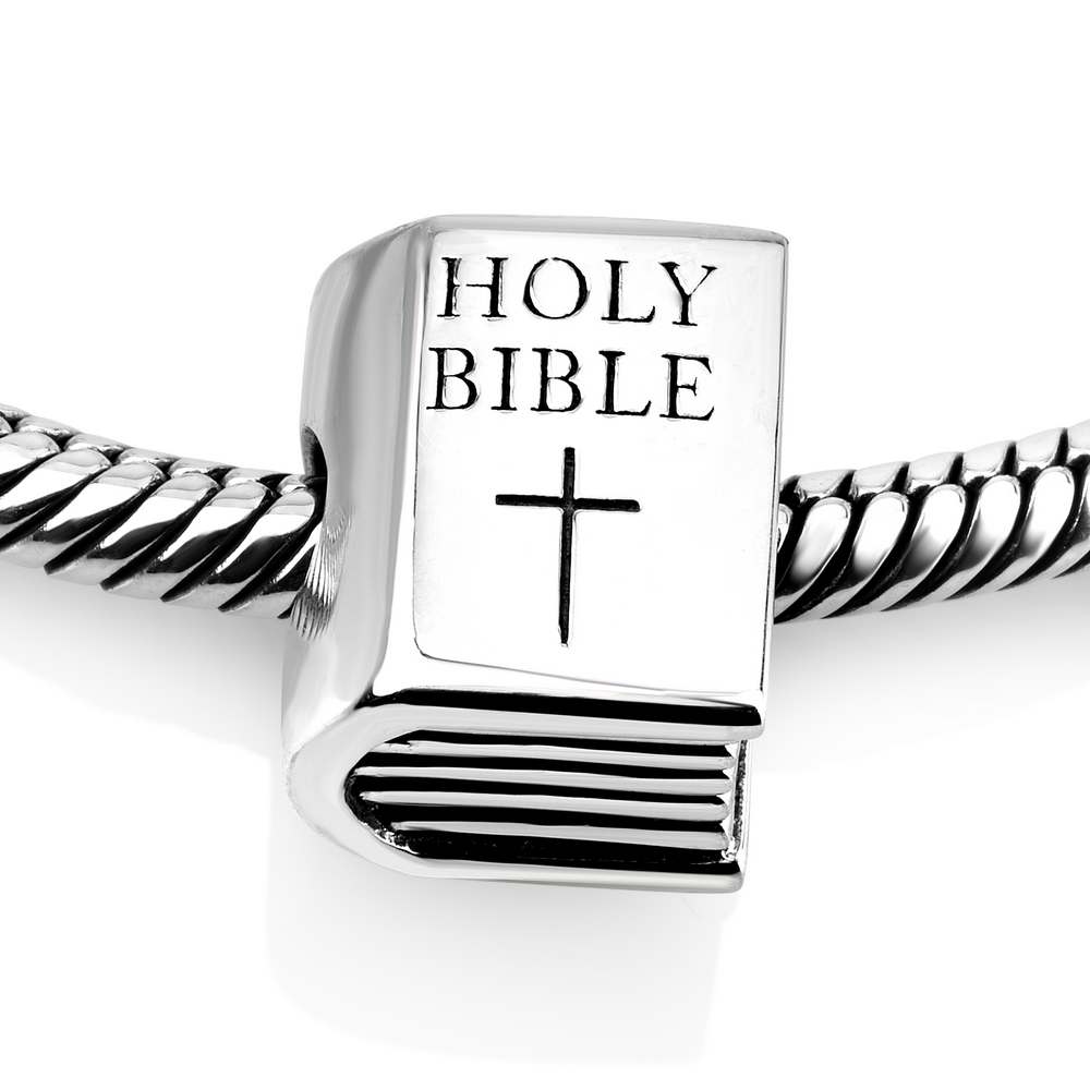 Holy Bible Bead Charm with Cross in 925 Sterling Silver