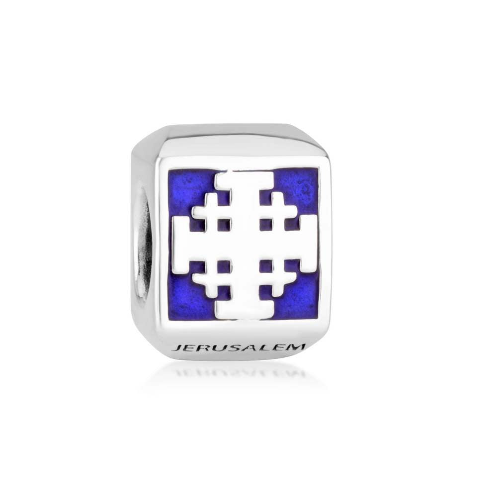 Square box bead charm with blue enamel Jerusalem Cross panels by Marina Jewelry