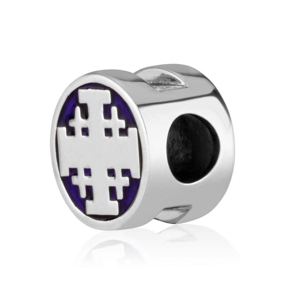 Jerusalem Cross Round Bead Charm in 925 Sterling Silver with Blue Enamel, view 2 by Marina Jewelry