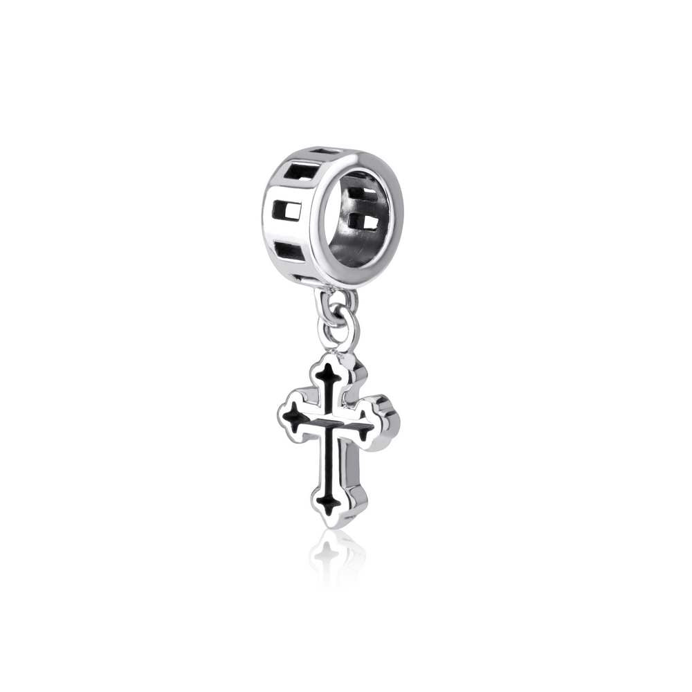 Budded Cross Hanging Charm in 925 Sterling Silver, Enamel Inlay