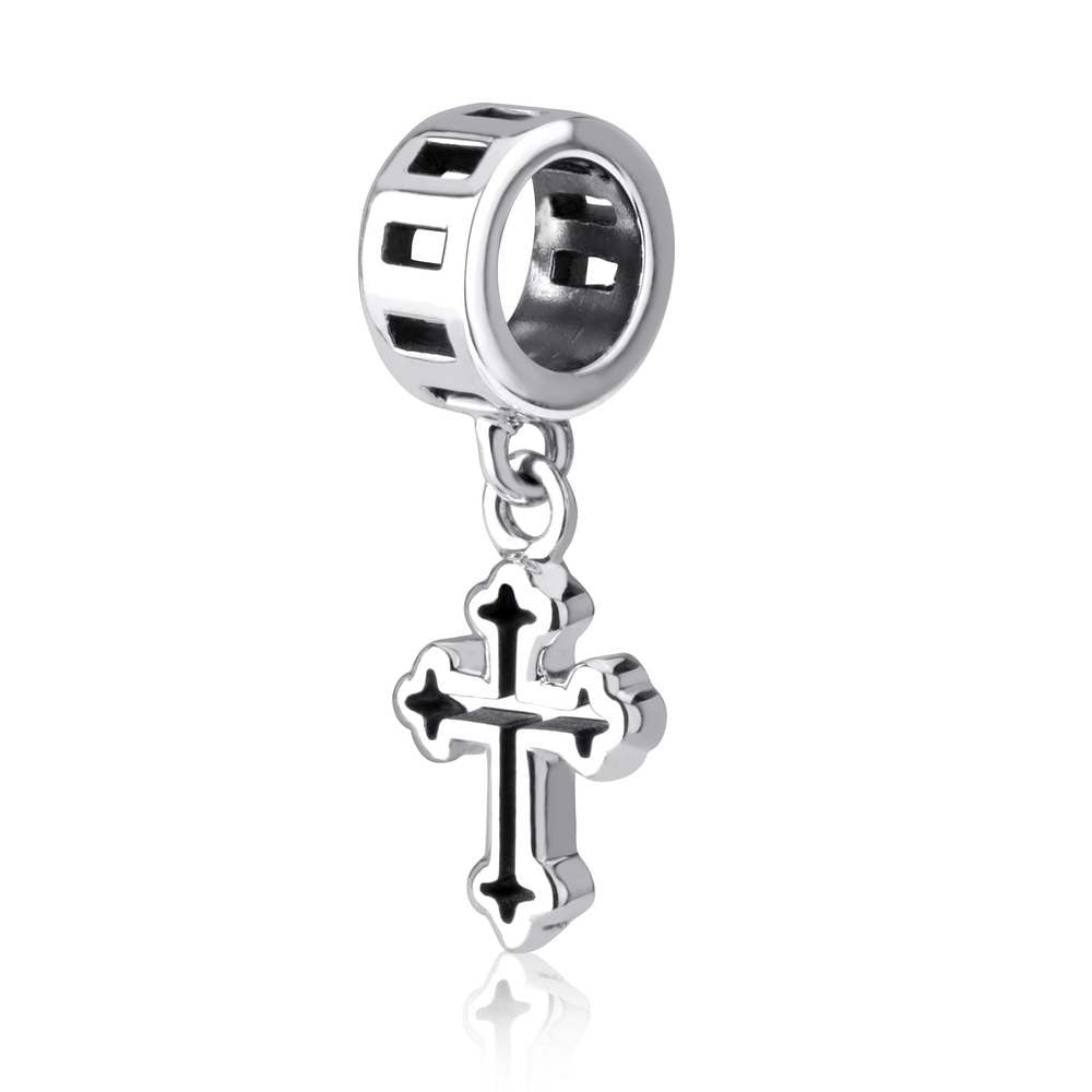 Budded Cross Hanging Charm in 925 Sterling Silver, Enamel Inlay