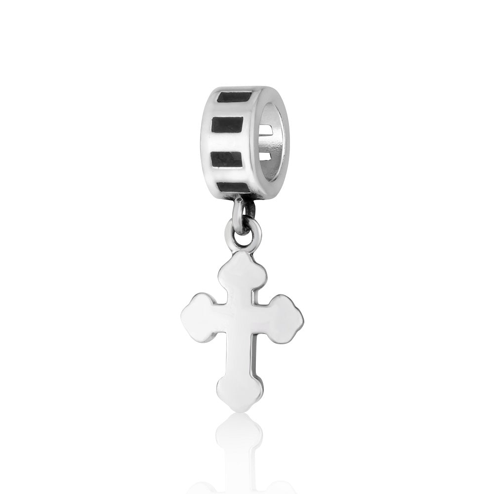 Polished Budded Cross Hanging Charm in 925 Sterling Silver, Enamel Bead