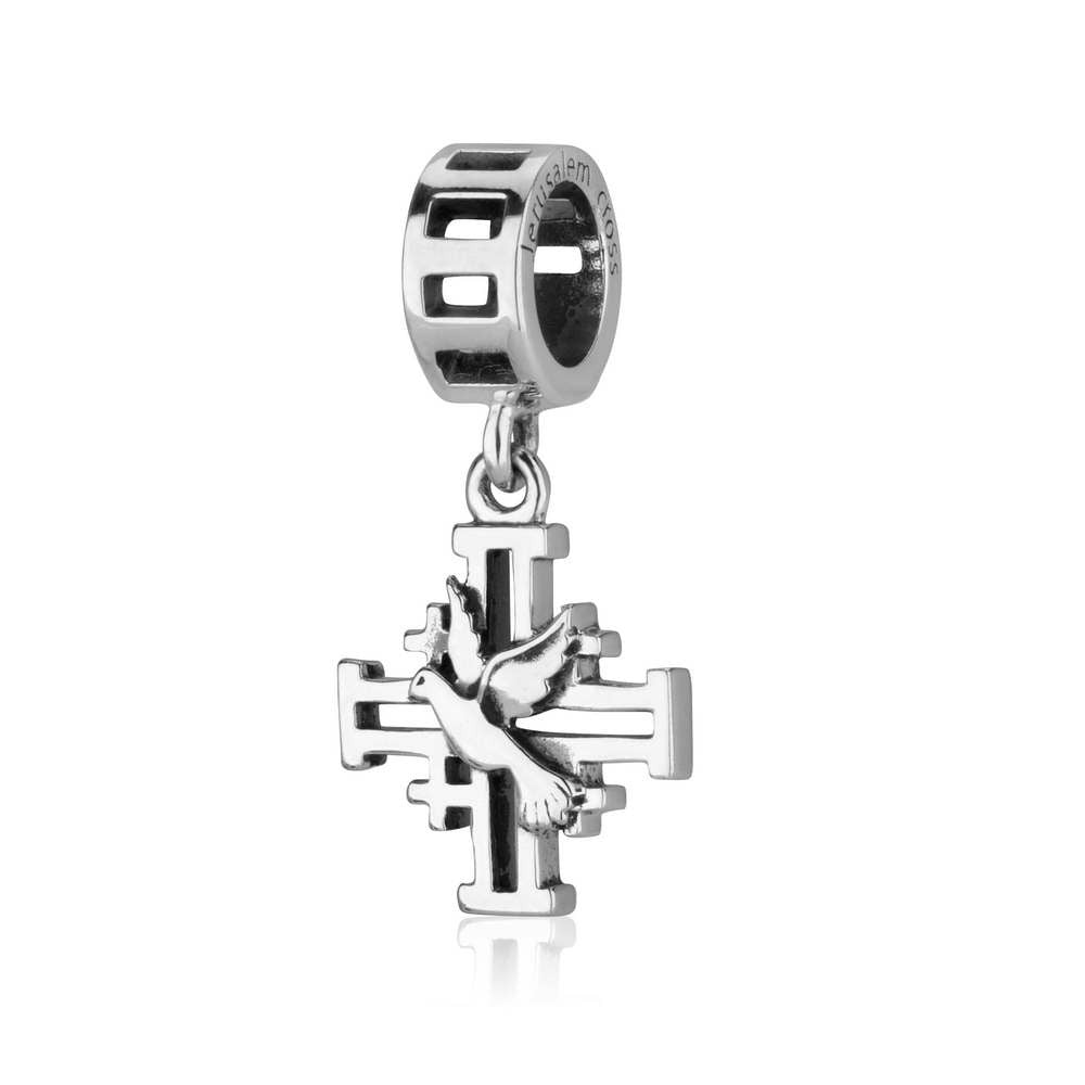 Jerusalem Cross with dove hanging charm in sterling silver by Marina Jewelry