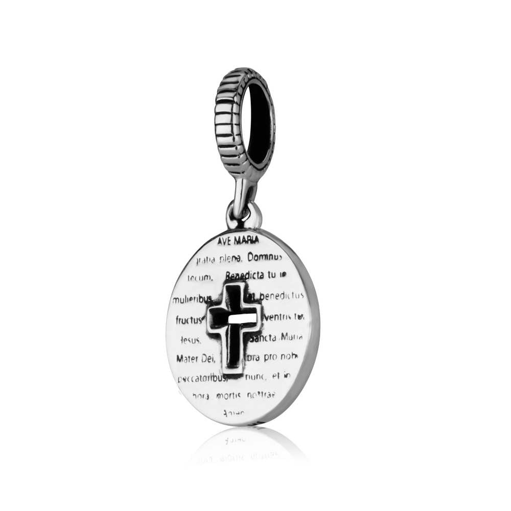 Ave Maria Cross Charm in 925 Sterling Silver, Oxidized – back view