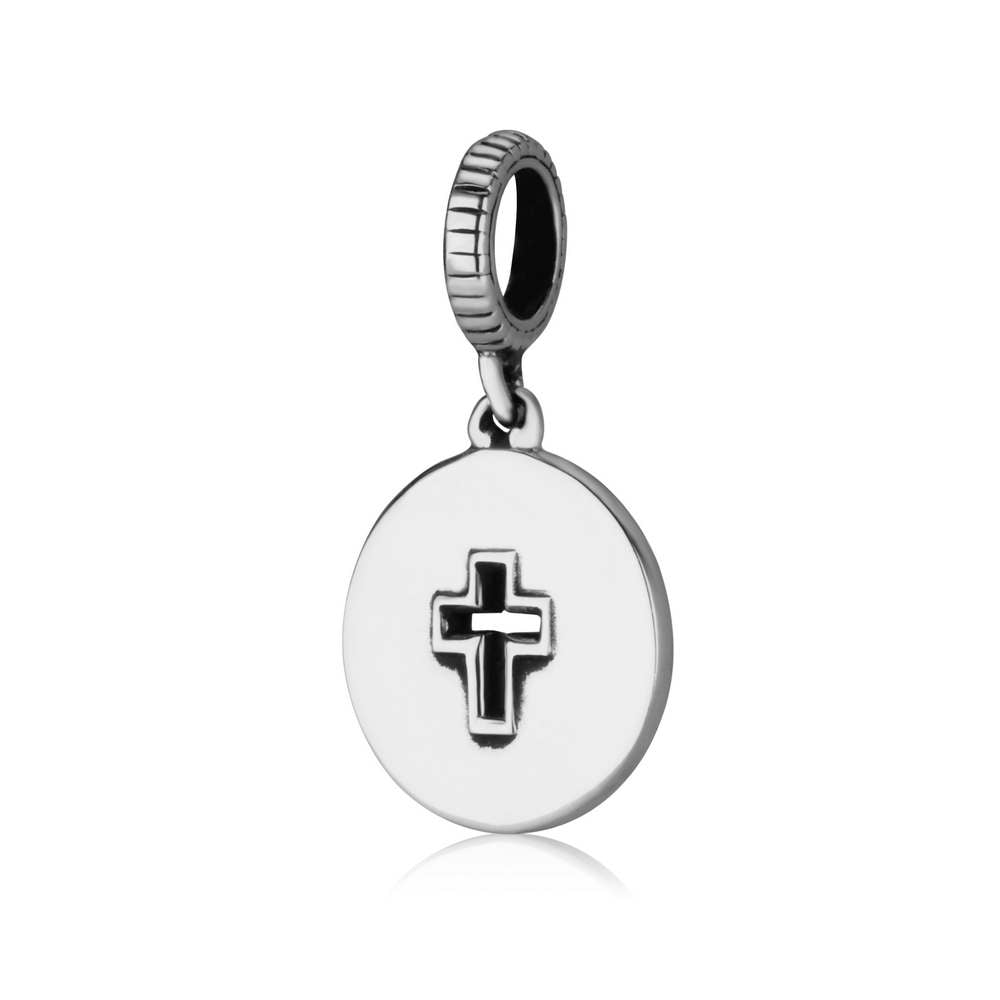 Ave Maria Cross Charm in 925 Sterling Silver, Oxidized