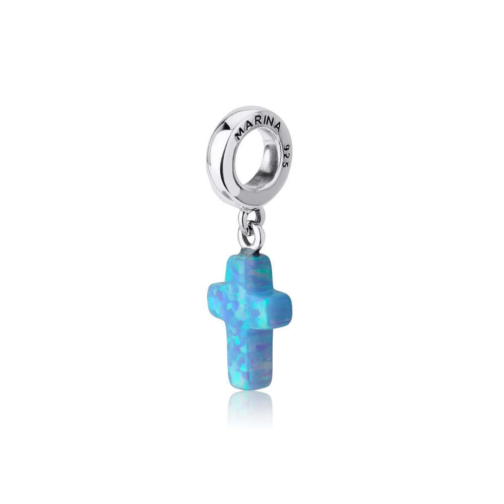 Blue Opal Cross Hanging Charm in 925 Sterling Silver, view 4 by Marina Jewelry