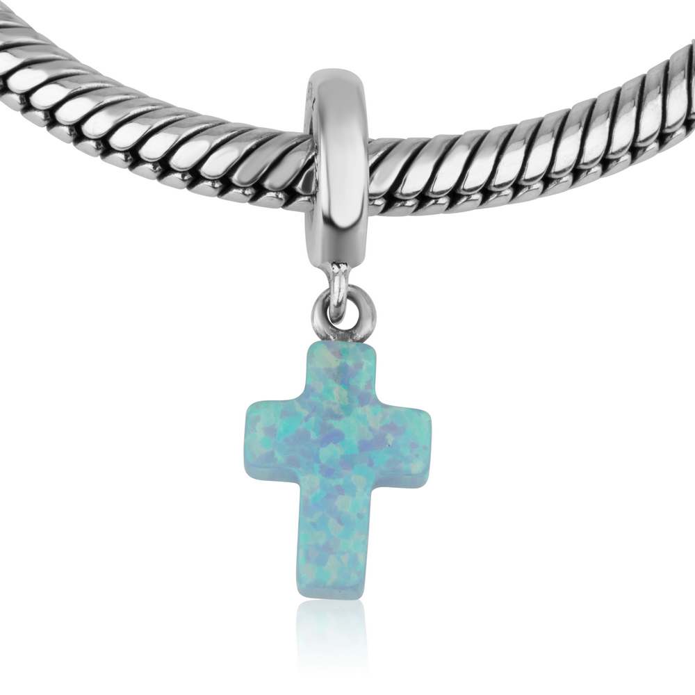 Blue Opal Cross Hanging Charm in 925 Sterling Silver, view 5 by Marina Jewelry