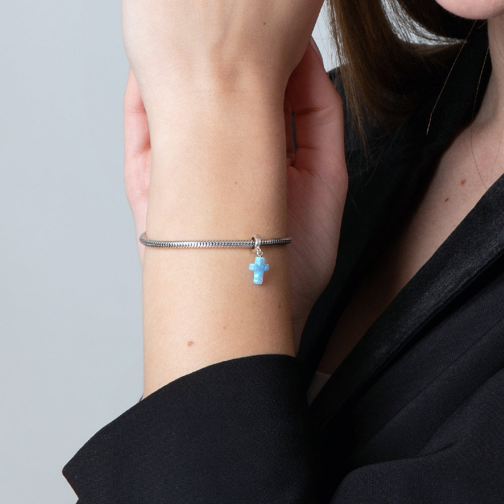 Blue Opal Cross Hanging Charm in 925 Sterling Silver, view 8 by Marina Jewelry