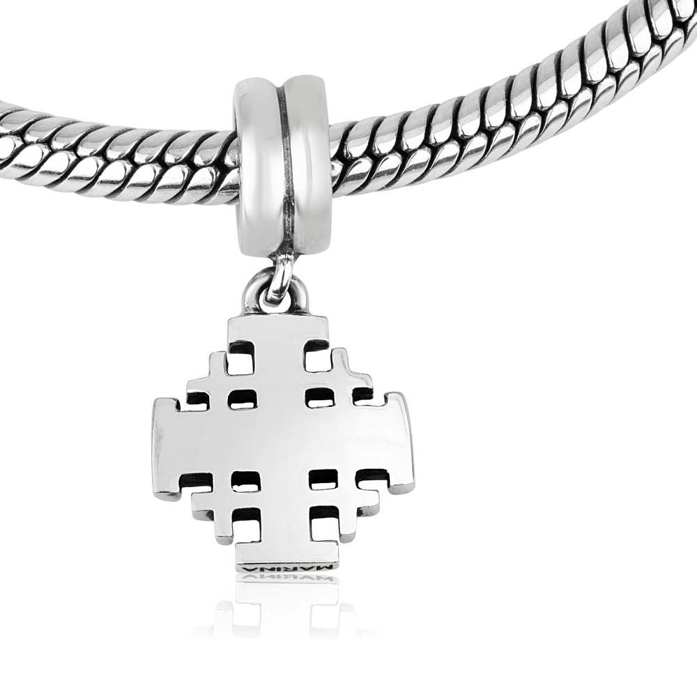 Jerusalem Cross Hanging Charm in 925 Sterling Silver, Polished, view 4 by Marina Jewelry