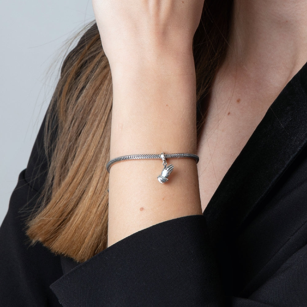 Praying Hands Charm in 925 Sterling Silver – shown worn, close-up