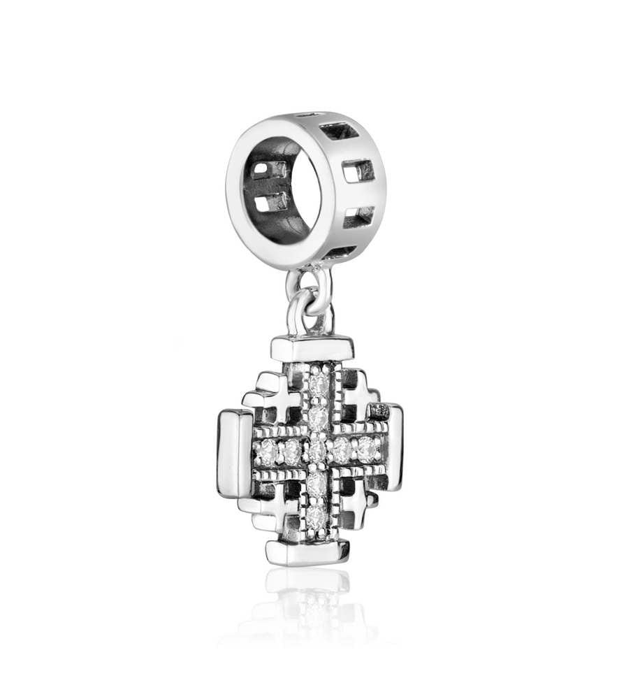 Jerusalem Cross Hanging Charm in 925 Sterling Silver with Cubic Zirconia, view 2 by Marina Jewelry