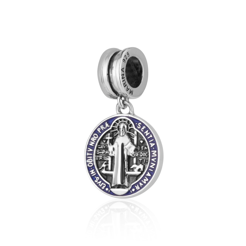 Saint Benedict Medal Charm in 925 Sterling Silver, Blue & Red Enamel