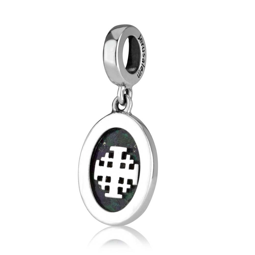 Oval Eilat Stone hanging charm with silver Jerusalem Cross by Marina Jewelry