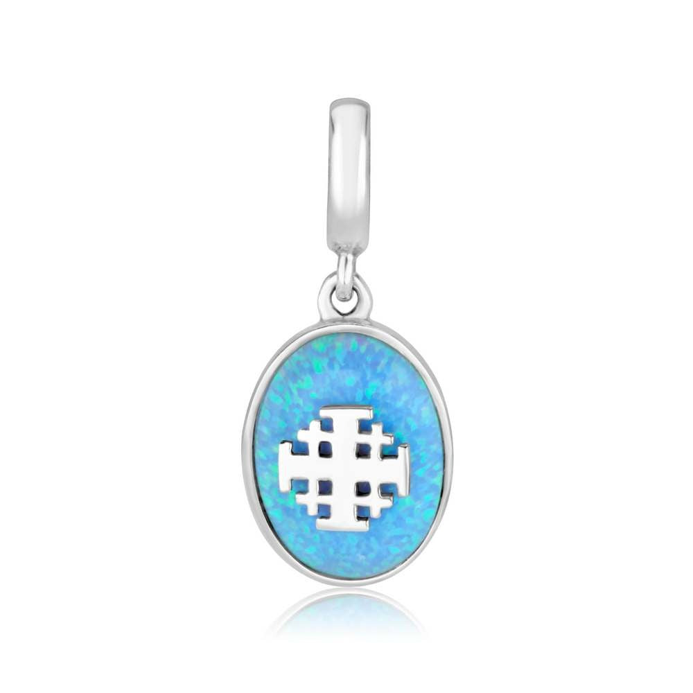 Oval blue opal hanging charm with silver Jerusalem Cross by Marina Jewelry