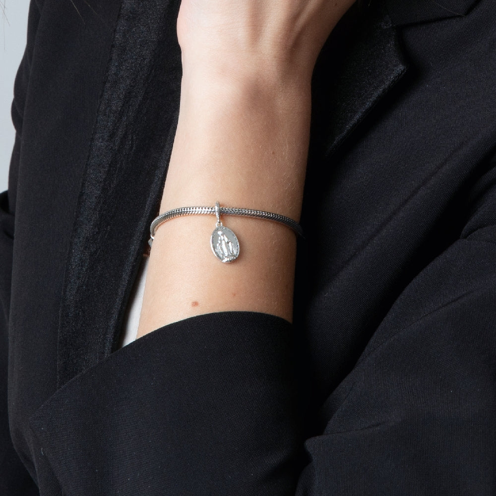 Miraculous Medal Charm in 925 Sterling Silver – shown worn, close-up