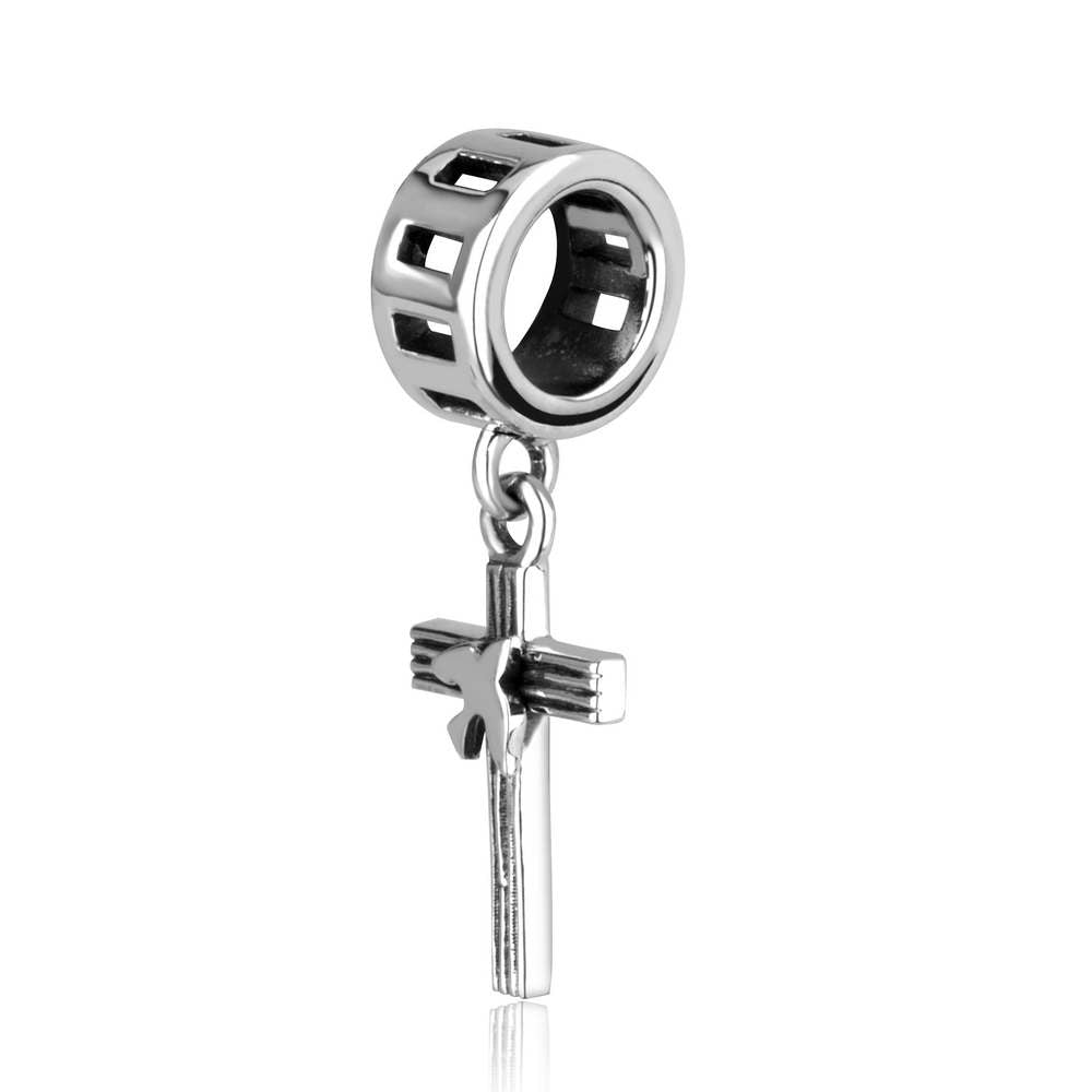 Dove Cross Hanging Charm in 925 Sterling Silver, Ribbed, view 2 by Marina Jewelry