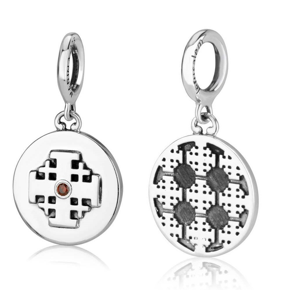 Round Jerusalem Cross coin charm with red stone in sterling silver by Marina Jewelry