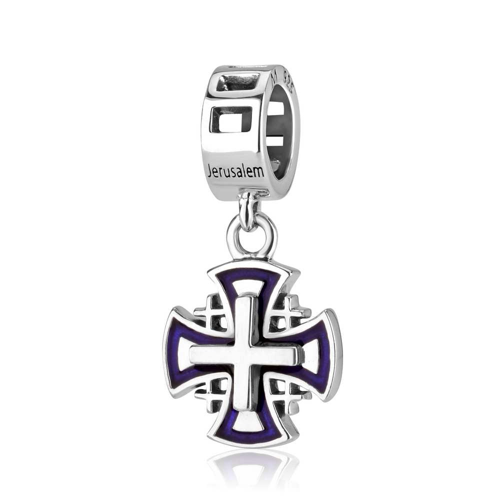 Blue enamel outlined Jerusalem Cross hanging charm by Marina Jewelry